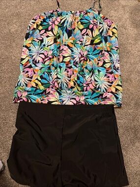 Women’s Black Swim Shorts with Multicolor Floral Tankini Top
